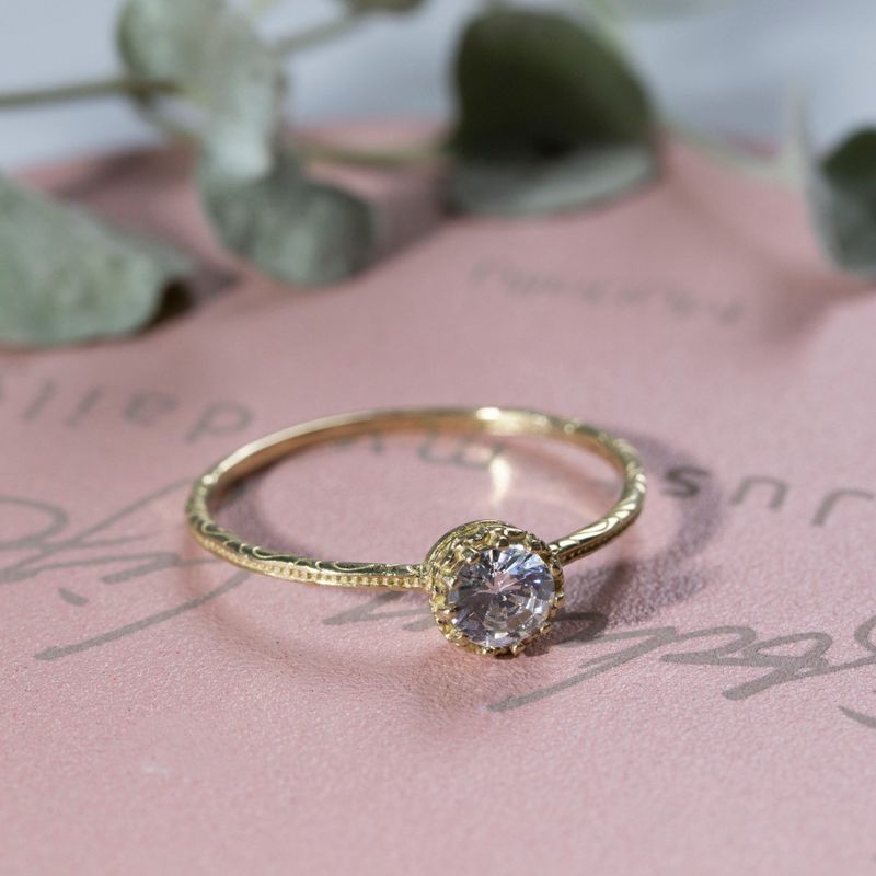 14K Yellow Gold Round White CZ Dainty Ring