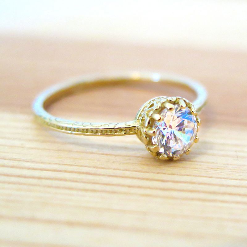 14K Yellow Gold Round White CZ Dainty Ring