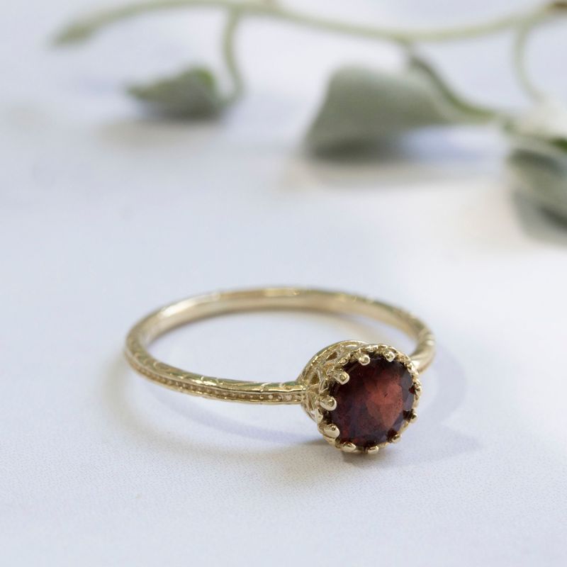 14K Yellow Gold Round Garnet Dainty Ring