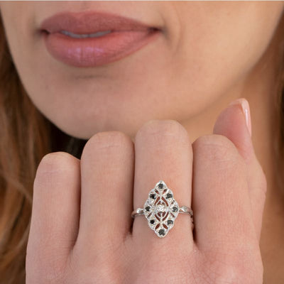 14K White gold Rhombus Black Diamond Ring - Promise Ring , Handmade 