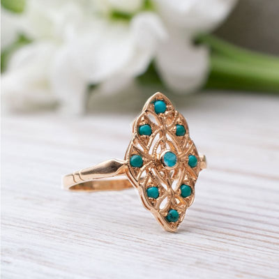 14K Rose gold Round Turquoise Turquoise Ring - Statement Ring , Handmade 
