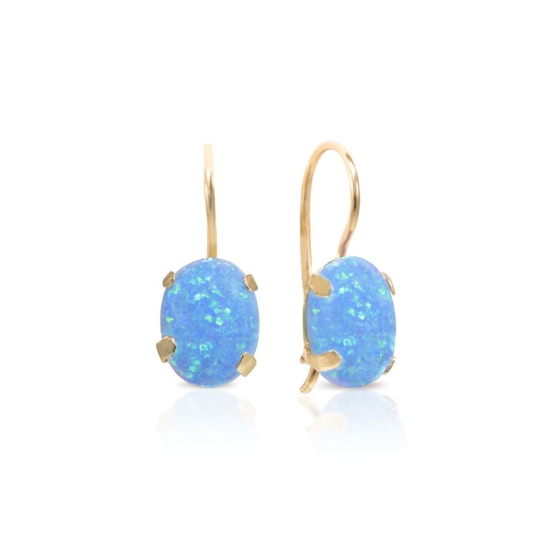 14K Gold Blue Opal Oval Dangle Earrings