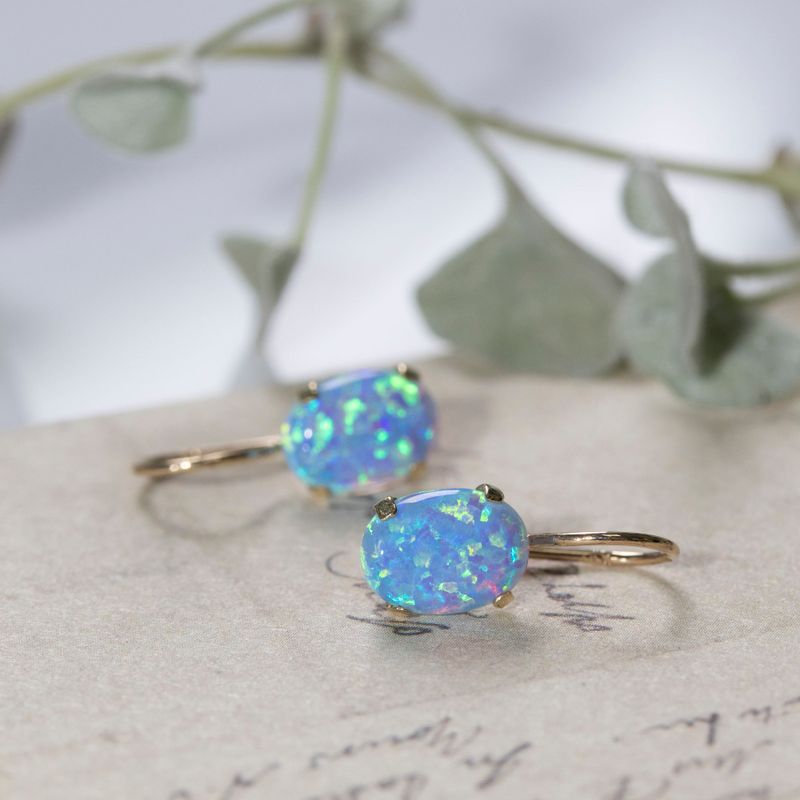 14K Gold Blue Opal Oval Dangle Earrings