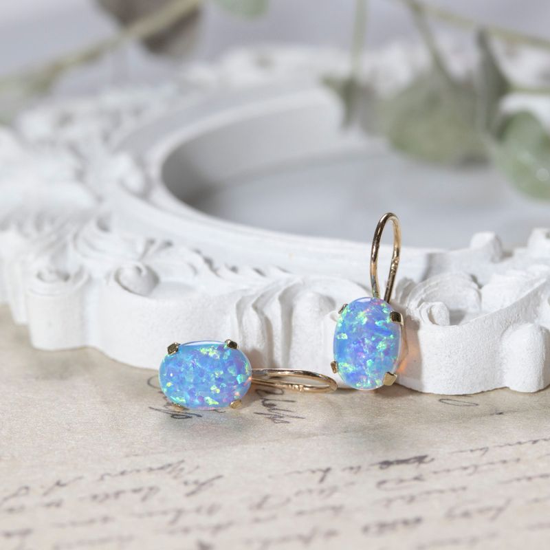 14K Gold Blue Opal Oval Dangle Earrings