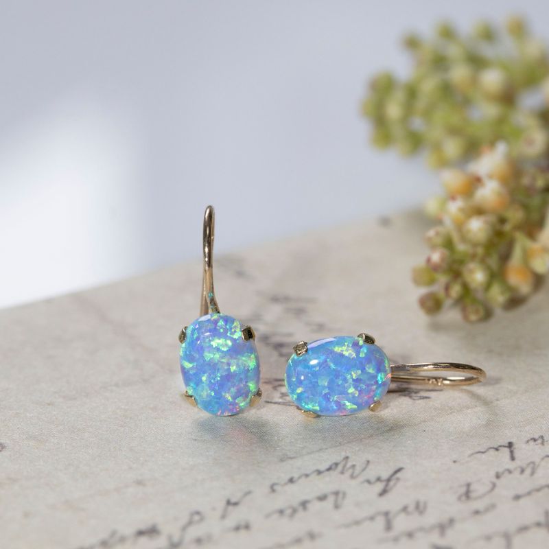 14K Gold Blue Opal Oval Dangle Earrings