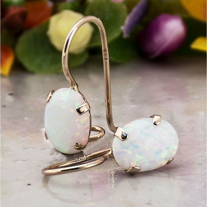 14K Gold White Opal Oval Dangle Earrings