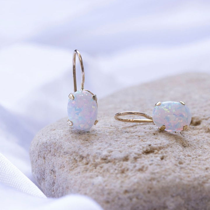 14K Gold White Opal Oval Dangle Earrings