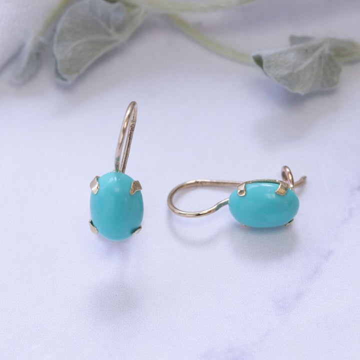 14K Gold Turquoise Oval Dangle Earrings