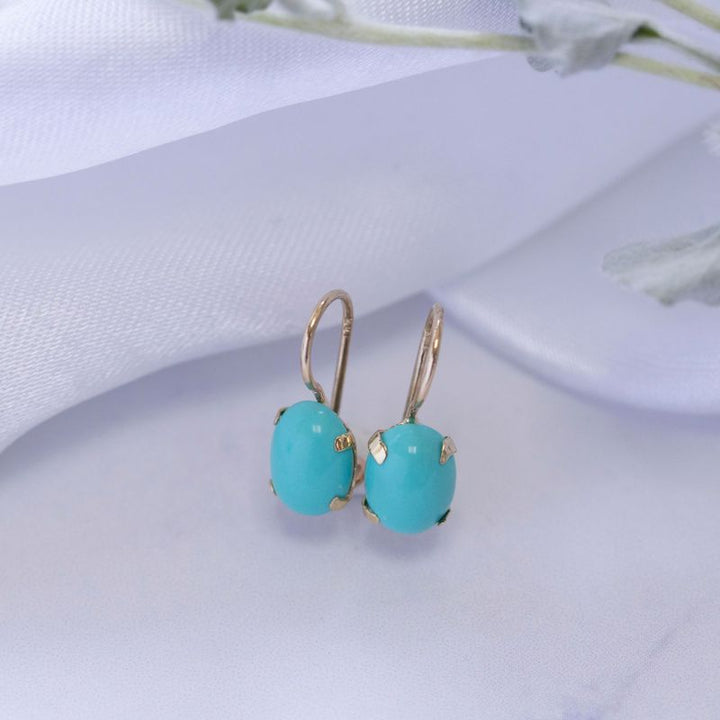 14K Gold Turquoise Oval Dangle Earrings