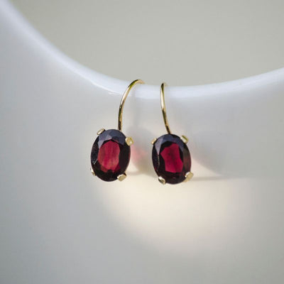 14K Gold Garnet Oval Dangle Earrings