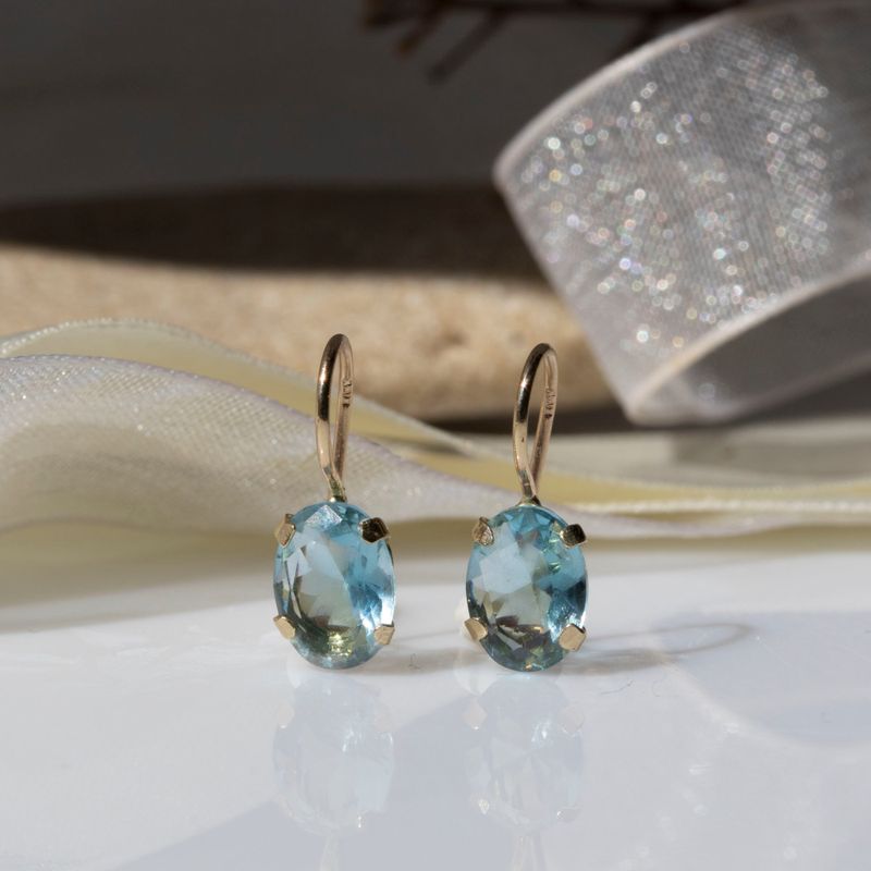 14K Gold Light Blue CZ Oval Dangle Earrings