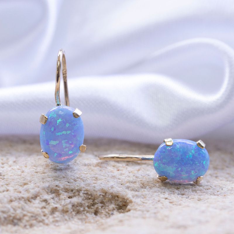 14K Gold Opal 8X10mm Oval Dangle Earrings