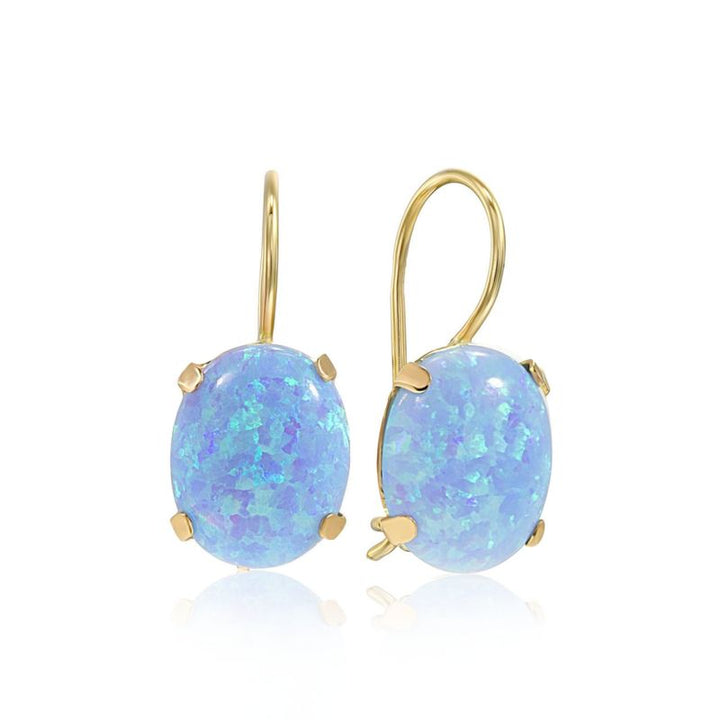 14K Gold Opal 8X10mm Oval Dangle Earrings