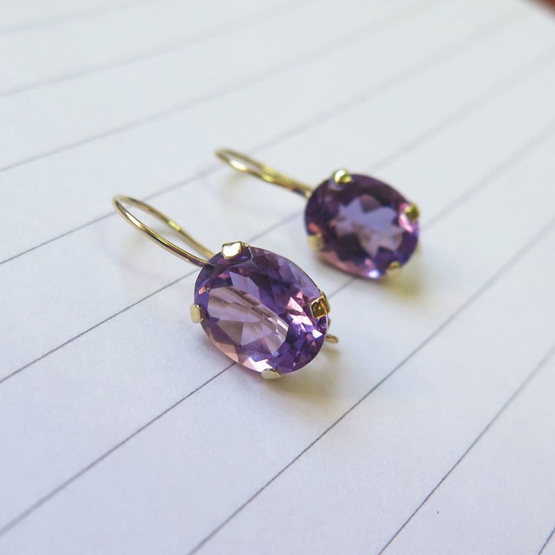 14K Gold Amethyst 8X10mm Oval Dangle Earrings