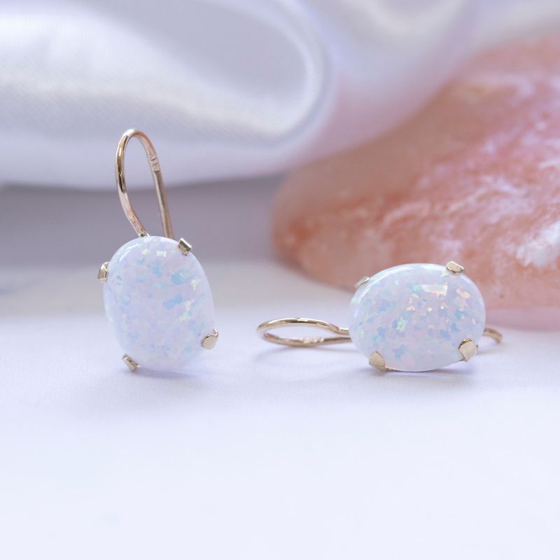 14K Gold Opal 8X10mm Oval Dangle Earrings