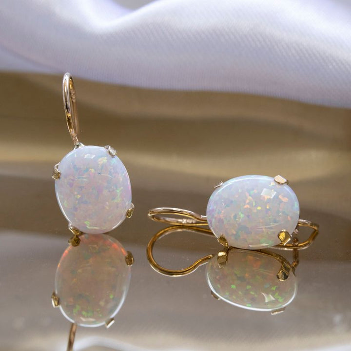 14K Gold Opal 8X10mm Oval Dangle Earrings