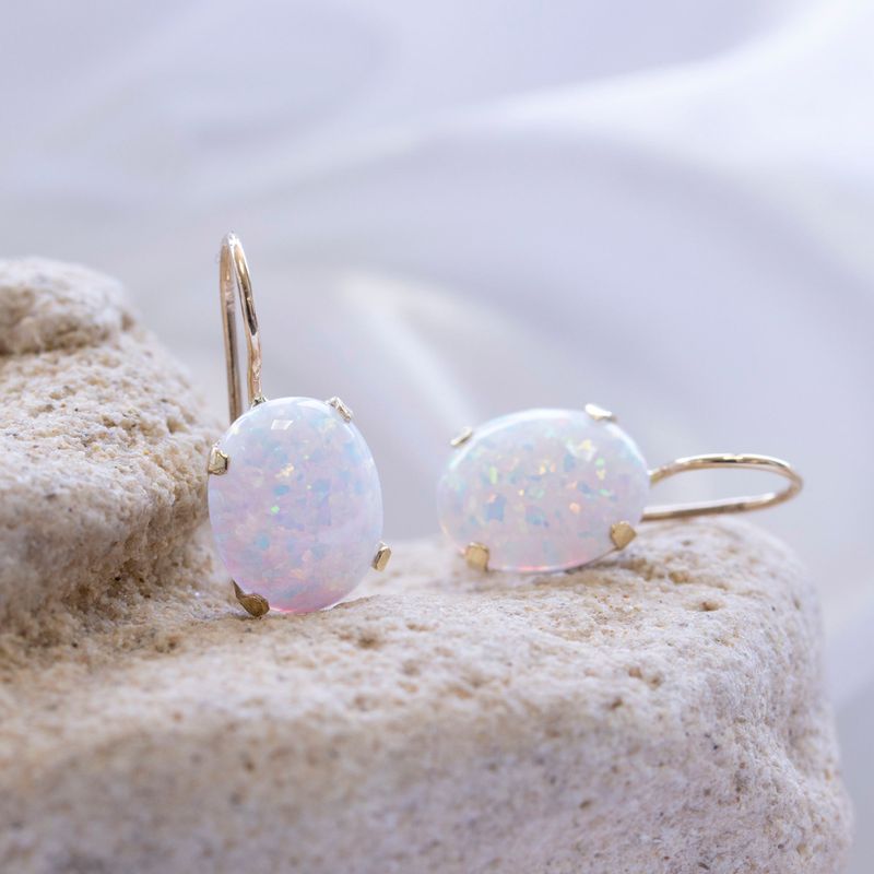 14K Gold Opal 8X10mm Oval Dangle Earrings