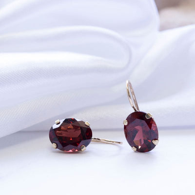 14K Gold Garnet 8X10mm Oval Dangle Earrings