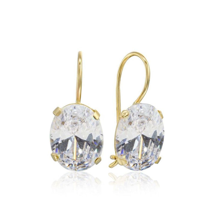 14K Yellow Gold Oval White Cubic zirconia Earrings - 14K Soild Gold White CZ Earrings , Handmade 