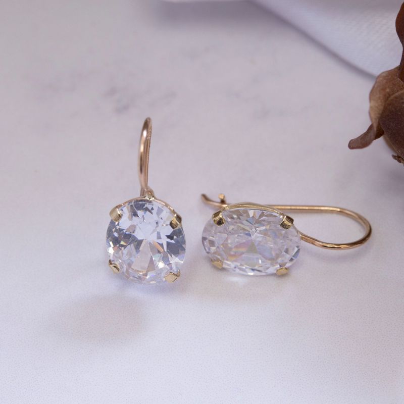 14K Yellow Gold Oval White Cubic zirconia Earrings - 14K Soild Gold White CZ Earrings , Handmade 