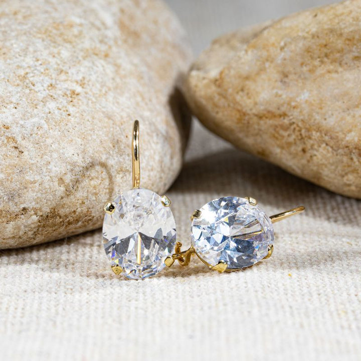 14K Yellow Gold Oval White Cubic zirconia Earrings - 14K Soild Gold White CZ Earrings , Handmade 