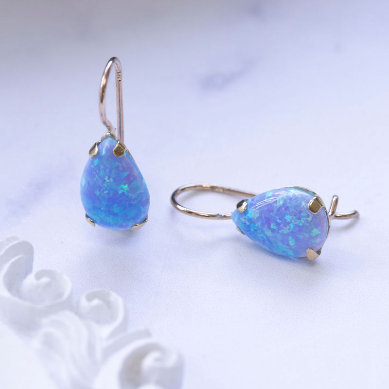 14K Yellow Gold Teardrop Blue Opal 7X10mm Dangle Earrings