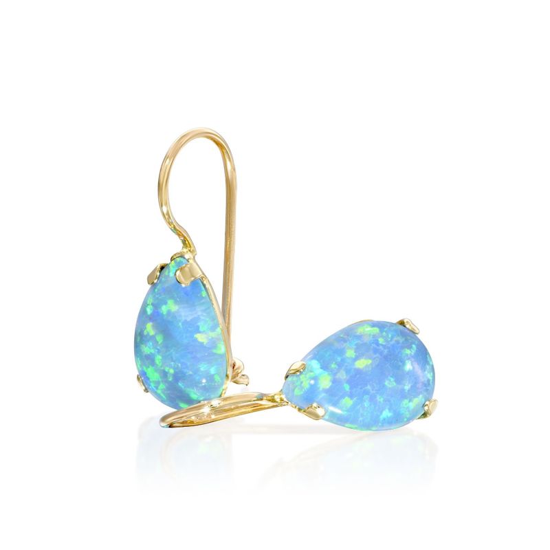 14K Yellow Gold Teardrop Blue Opal 7X10mm Dangle Earrings