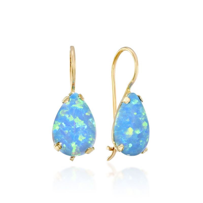 14K Yellow Gold Teardrop Blue Opal 7X10mm Dangle Earrings