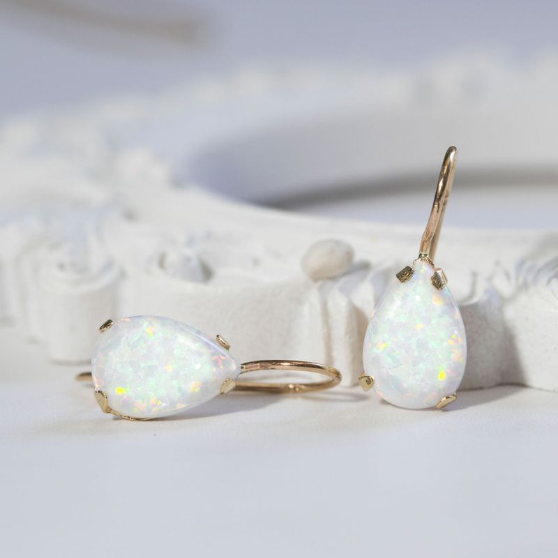 14K Yellow Gold Teardrop White Opal 7X10mm Dangle Earrings