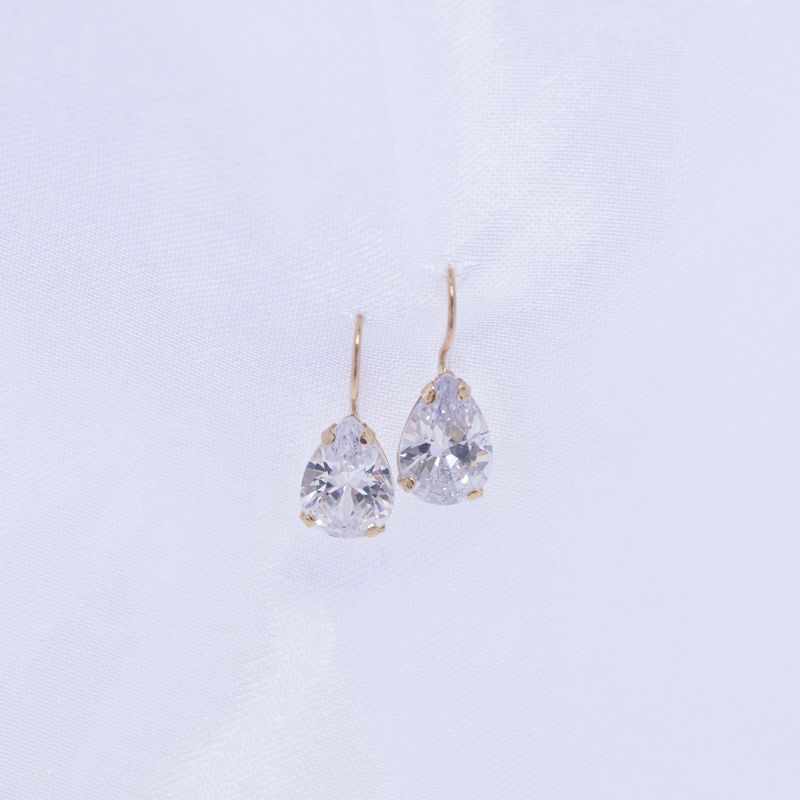 14K Gold White CZ Drop Shaped Dangle Earrings