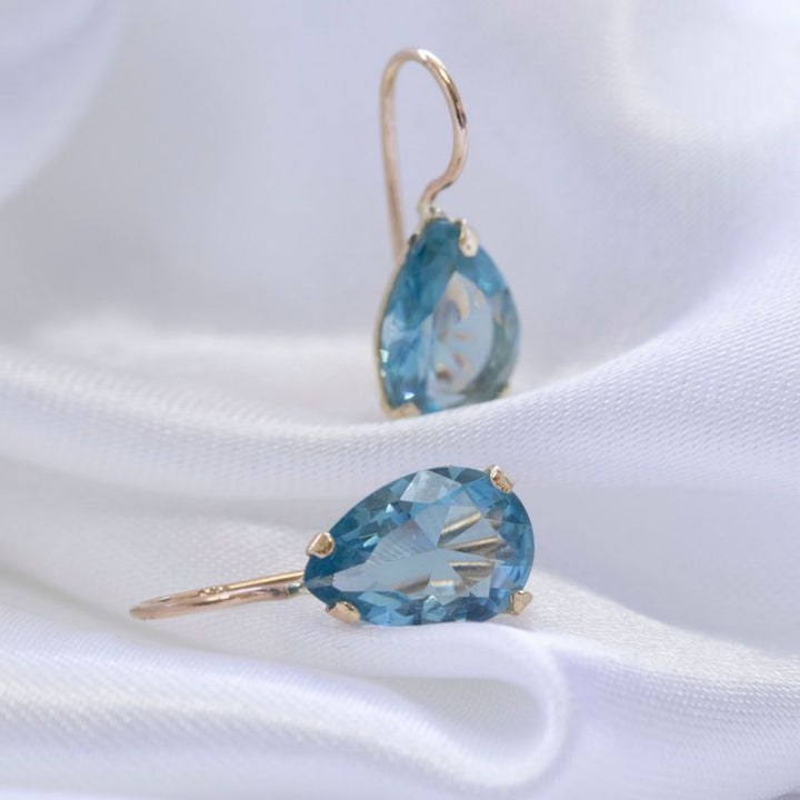 14K Gold Light Blue CZ Drop Shaped Dangle Earrings