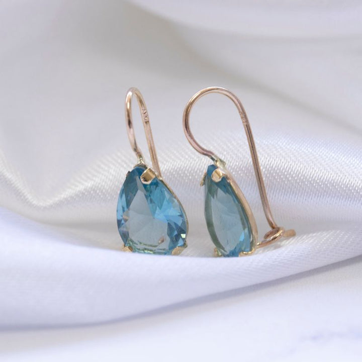 14K Gold Light Blue CZ Drop Shaped Dangle Earrings