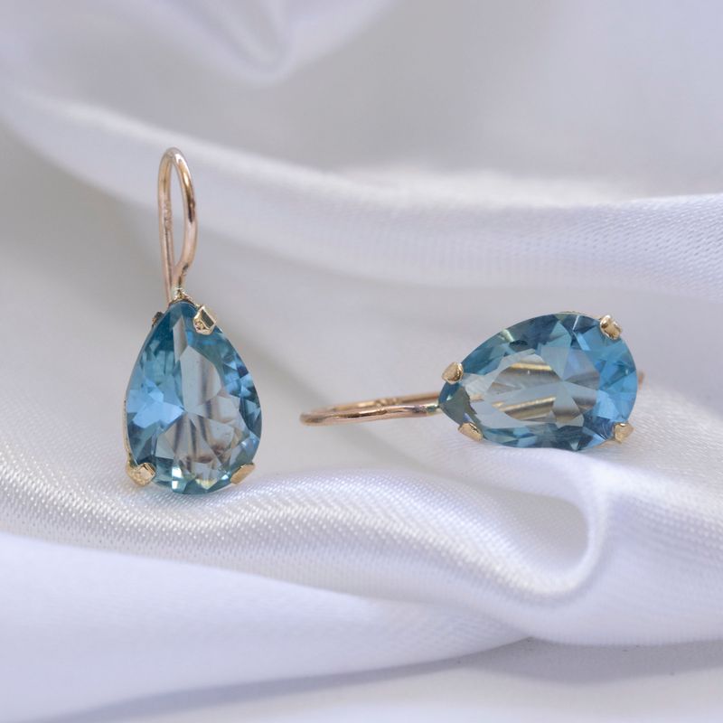 14K Gold Light Blue CZ Drop Shaped Dangle Earrings