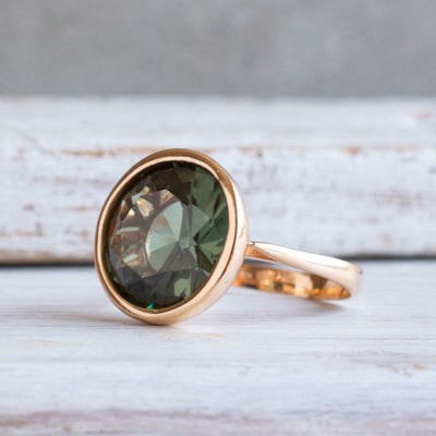 14K Rose gold Round Green Cubic zirconia Ring - Statement Ring , Handmade 
