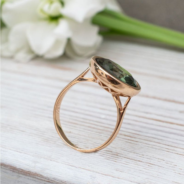 14K Rose gold Round Green Cubic zirconia Ring - Statement Ring , Handmade 