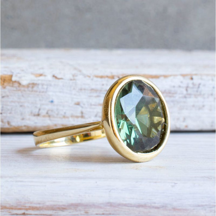 14K Yellow Gold Round Green Cubic Zirconia 14mm Ring