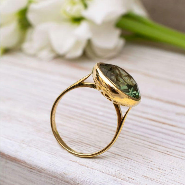 14K Yellow Gold Round Green Cubic Zirconia 14mm Ring