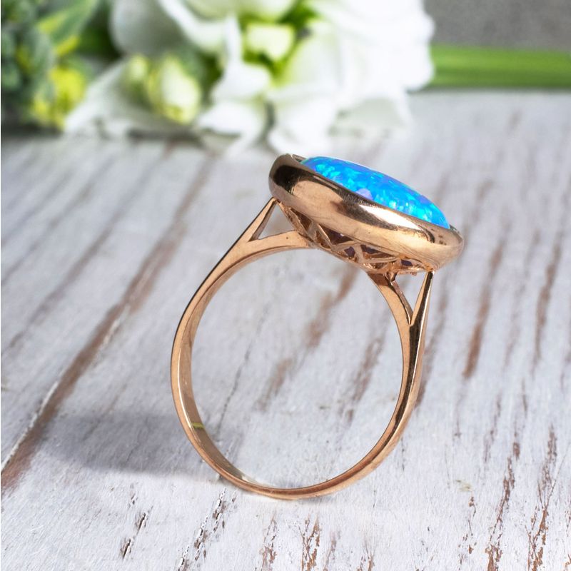 14K Rose gold Round 14mm Blue Opal Vintage Ring