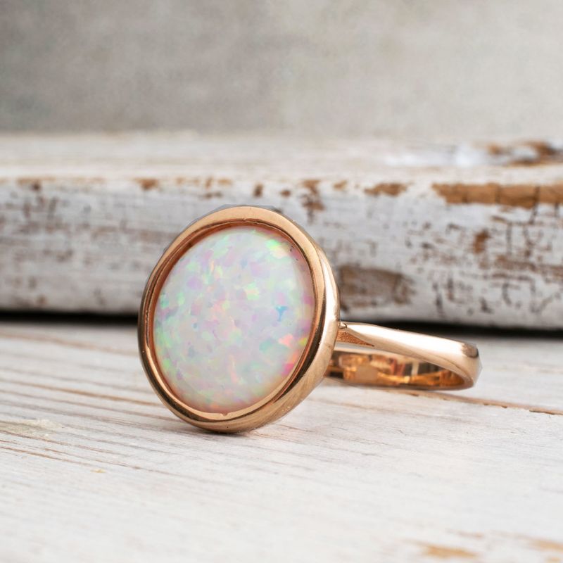 14K Rose Gold Round White Opal 14mm Ring