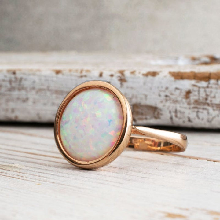 14K Rose Gold Round White Opal 14mm Ring