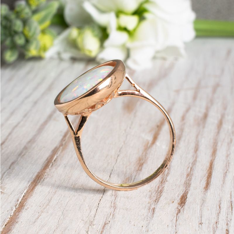 14K Rose Gold Round White Opal 14mm Ring