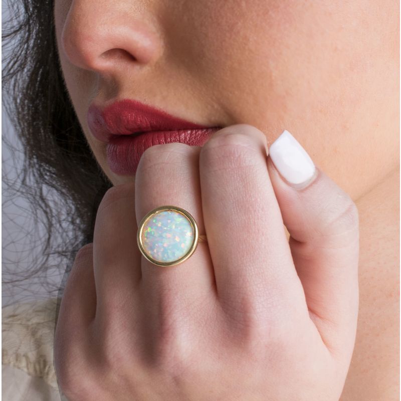 14K Yellow Gold Round White Opal 14mm Ring