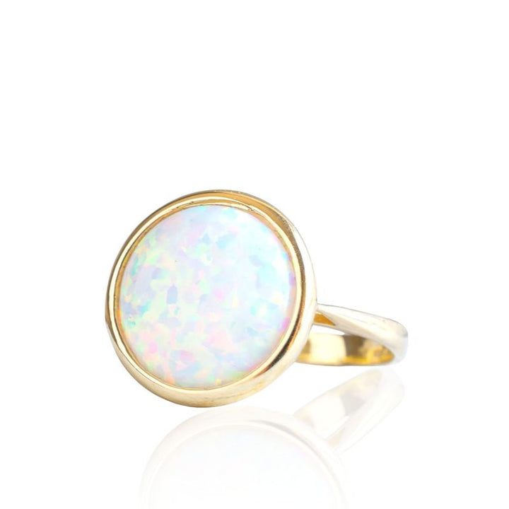 14K Yellow Gold Round White Opal 14mm Ring