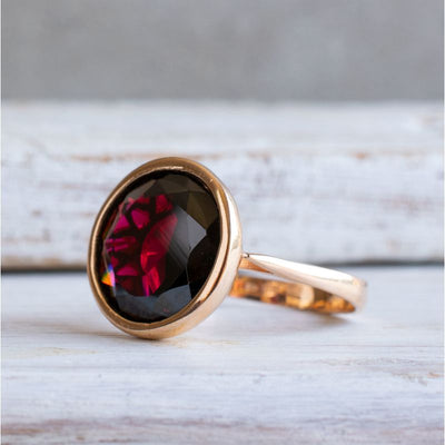 14K Rose gold Round Red Garnet Ring - Large Red Gemstone Ring , Handmade 