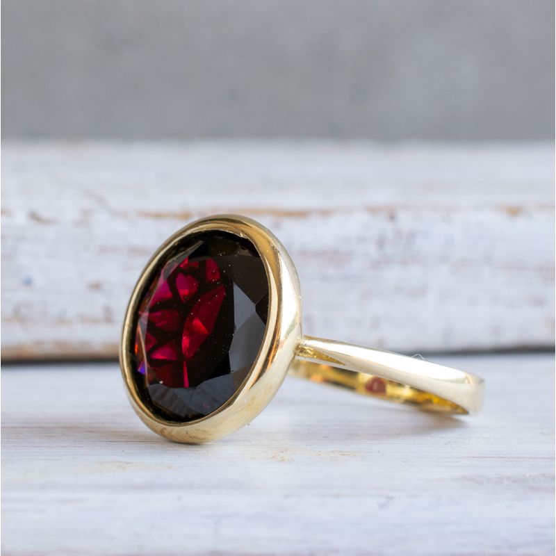 14K Yellow Gold Round Red Garnet Ring - Gemstone Ring , Handmade 