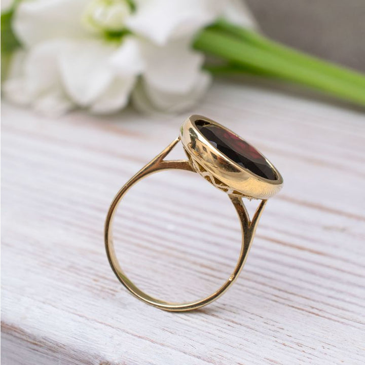 14K Yellow Gold Round Red Garnet Ring - Gemstone Ring , Handmade 