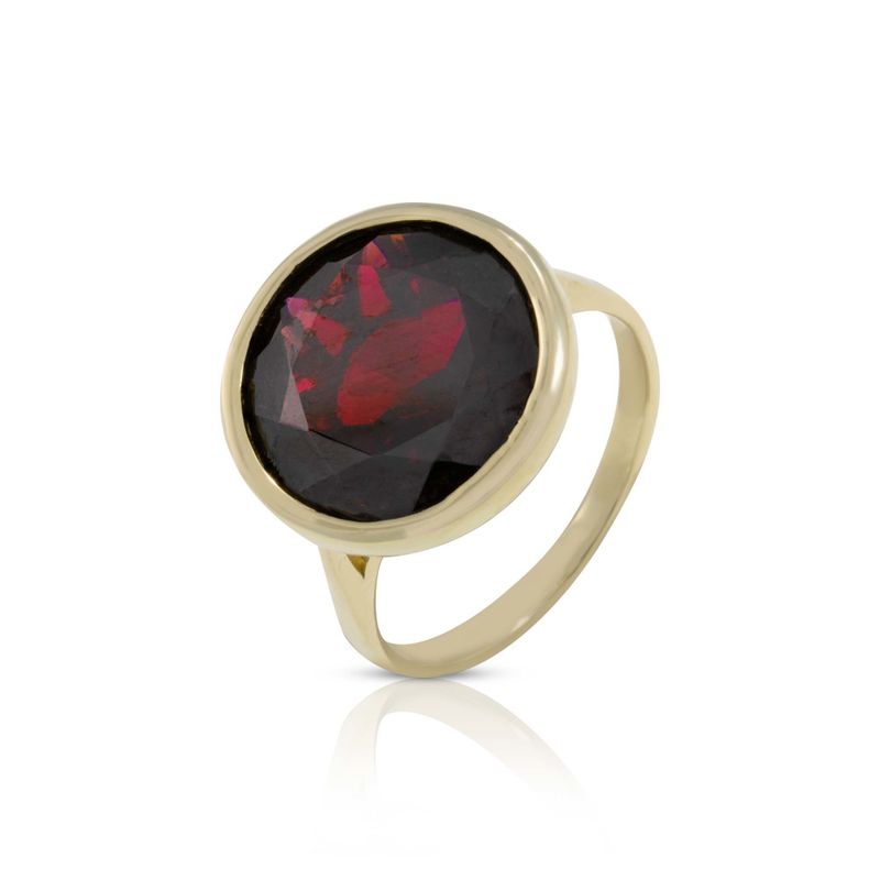 14K Yellow Gold Round Red Garnet Ring - Gemstone Ring , Handmade 
