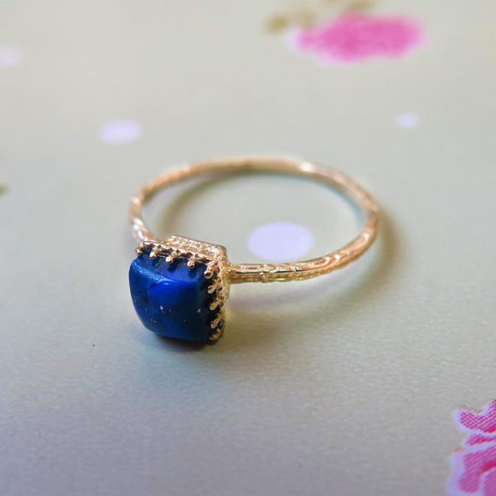 14K Yellow Gold Squere Blue Lapis Lazuli Ring - Minimalist Ring , Handmade 