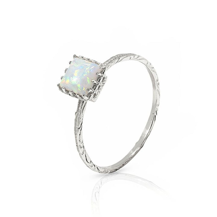 14K White Gold Square Ring Inlaid With White Opal