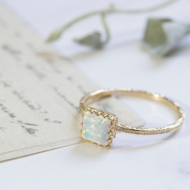 14K Yellow Gold White Opal Ring - Promise Ring , Handmade 
